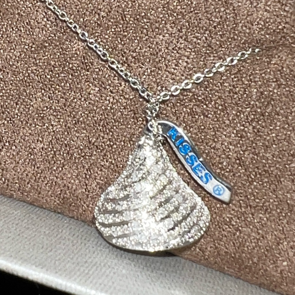 Sterling Silver Hershey Kiss Pendant w/Diamond Accent /Blue Letters Necklace